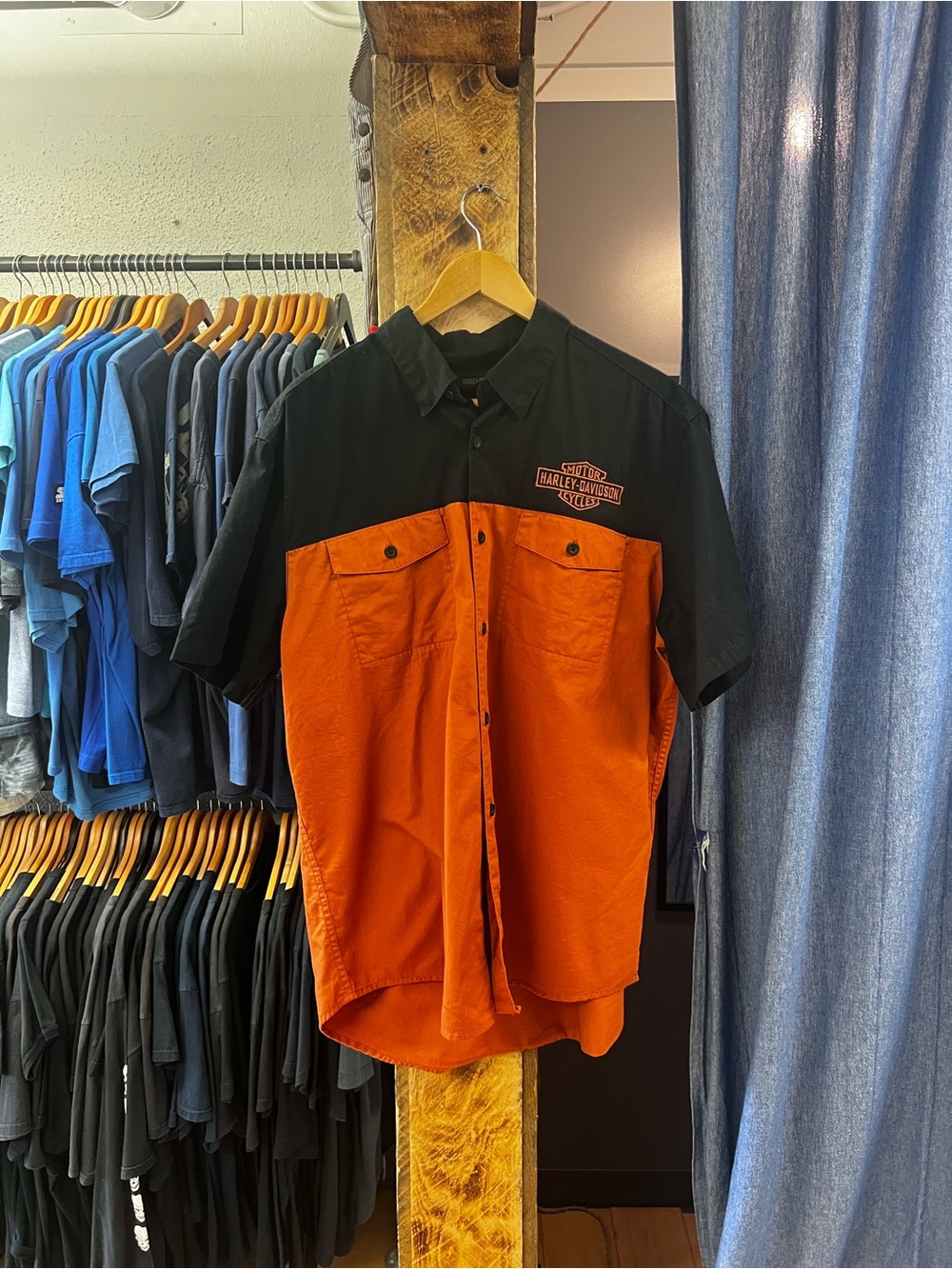 Vintage Harley Davidson Two Tone Black And Orange Button Up